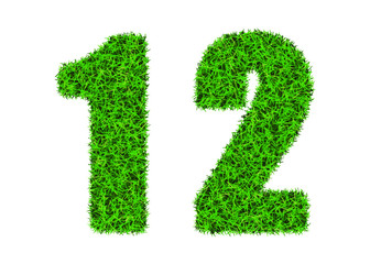 Green grass font. The number 1 and  2. Lawn texture number on white background.