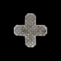 Industrial metal symbol plus on black background 3d