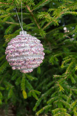 Christmas tree toy hanging on a green fir tree on the street