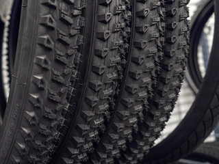New bicycle tires close up in the sports store