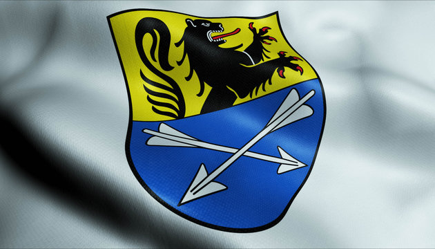 3D Waving Germany City Coat of Arms Flag of Baesweiler Closeup View