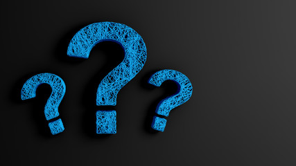 A set of thin strands twisted together in the form of three question marks on black background. 3D illustration.