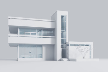 Modern house with a balcony and a high staircase, project in gray materials with daylight. 3D stock illustration.