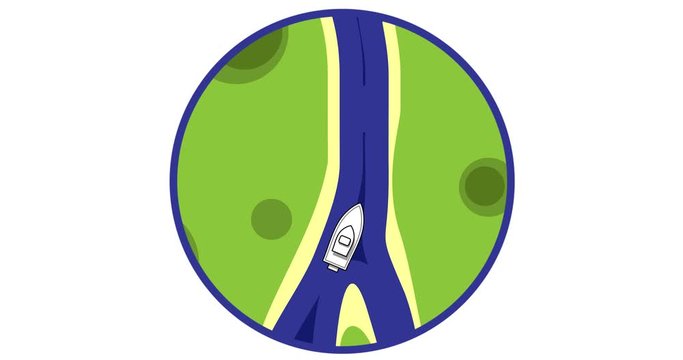 GPS icon with a moving marker ship on the river on a round map, with Black and white mask.