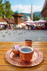 Traditional black bosnian coffee at Bascarsija square in old town of Sarajevo