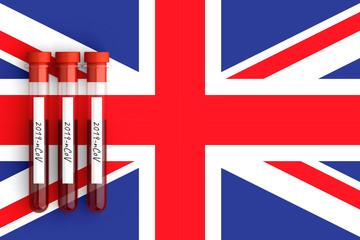 Test tubes with the inscription 2019-nCoV on the background of the red British flag. 3D illustration.