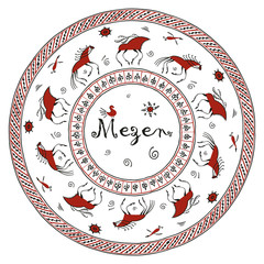 Round ornament in the style of mezensky painting. Horses and deer. Vector design for plates, napkins, wrappers, textiles, wallpaper.