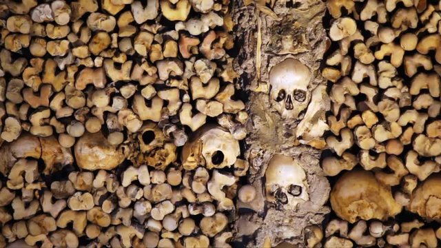 Chapel of Bones, skeletons, skulls, church, close up, tilt up, Evora, Portugal