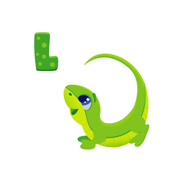 Vector illustration of cartoon green letter L with cute funny little lizard, lacertian long tail, big eyes, isolated on white eps 10 mascot for kids abc, illustration for alphabet 