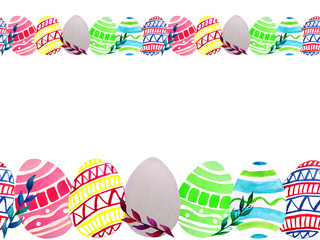 Seamless border of Easter watercolor eggs and colorful twigs