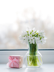 Beautiful bouquets of snowdrops in glass in the rays of the spring sun on the windowsill with a pink gift box.