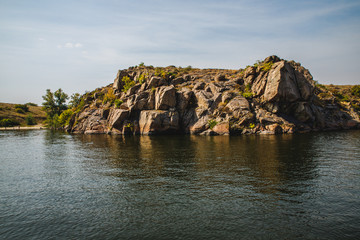 Rocky riverbank. Khortytsia - largest island in the River Dnieper located in the city Zaporizhia, Ukraine