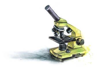 Watercolor sketch of microscope isolated on white background. Hand drawn abstract illustration of scientific tool designated for obtaining enlarged images. Design element for scrapbooking