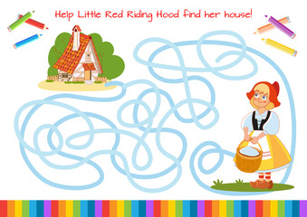 Help Little Red Riding Hood find a home! Educational game for children. Cartoon vector illustration. Maze.
