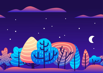 Trendy flat vector illustration with violet and pink vibrant bright gradient trees forest at night. Floral and botanical modern background for posters, banners, invitation, cards