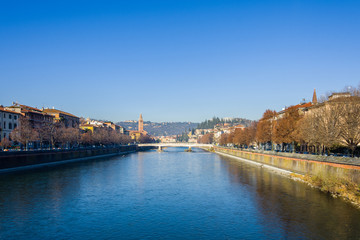 Obraz premium View on the city of Verona from the Adige river that crosses it.