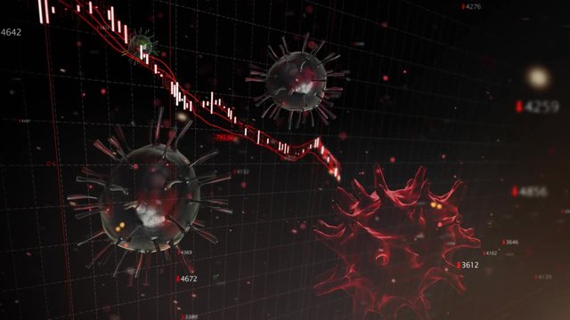 Virus Induced Stock Market Crash 4K Loop features virus representations flowing through the atmosphere with stock market candles showing a crashing market in a loop