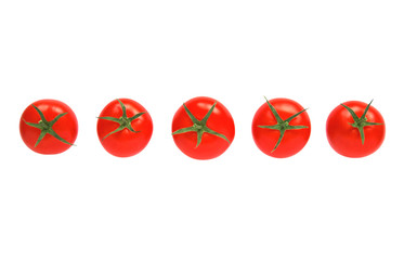 Red tomatoes with cuttings in a row isolated on a white background