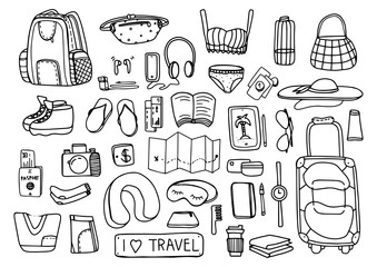 Fototapeta na wymiar Big set of hand drawn travel doodle. Vector illustration. Tourism and summer sketch with travelling elements