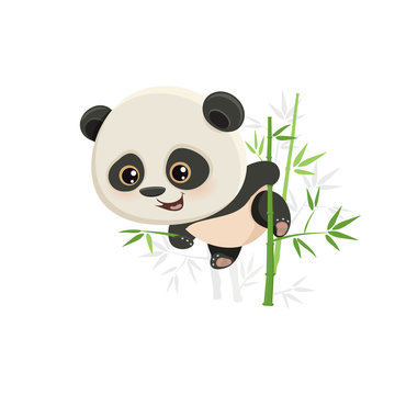 vector icon of cute baby panda on green bamboo branches with leaves in its paws, bamboo bear from china, chinese character of funny animal, mascot, eps 10, character isolated on white
