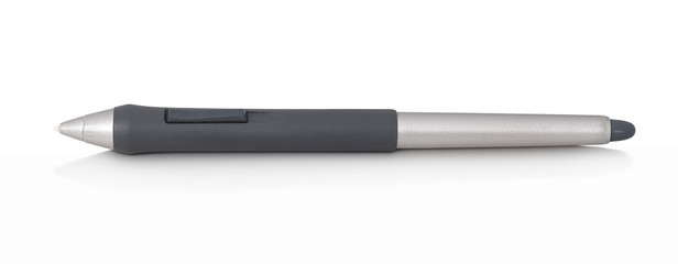 Tablet pen. Isolated on white background with shadow reflection. With clipping path. Stylus on reflective underlay. Pen-like input device for technique commonly called pen computing.
