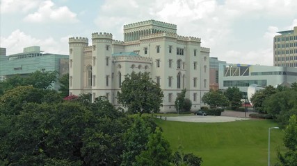 Aerial: Louisiana's Old State Capitol building. Baton Rouge, Louisiana, USA.  23 June 2019