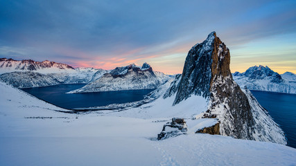 Segla mountain in Northern Norway in sunset panorama