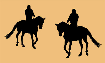 man is trotting on a horse, Two isolated black silhouettes on an orange  background