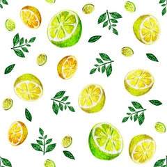 seamless pattern lemons ahd leafs white background 