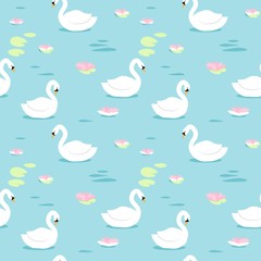 White swans on the water next to pink Lotus flowers, seamless vector illustration.