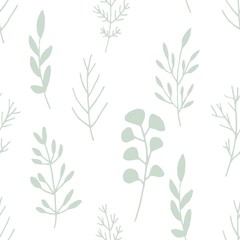 Pastel green muted branches with leaves on a white background, seamless vector pattern.