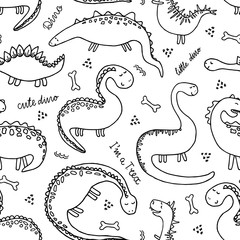 Cute cartoon dinosaur vector seamless background in doodle style. Hand drawn doodle dinosaurs.