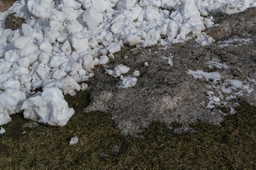 The snow is melting. Flood.Spring.Dirty snow lies on a green lawn next to snow-white snow.Snow removal works.Global warming.