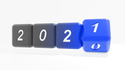 2021 New year change, turn. 2021 start 2010 end, dice isolated against white background. 3d illustration