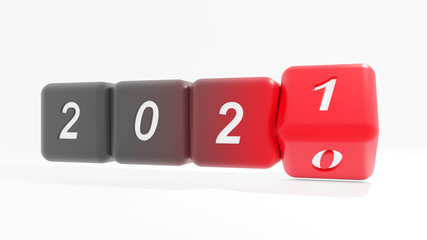 Obraz premium 2021 New year change, turn. 2021 start 2010 end, dice isolated against white background. 3d illustration