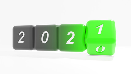 2021 New year change, turn. 2021 start 2010 end, dice isolated against white background. 3d illustration