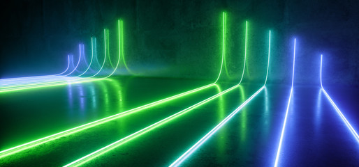 Futuristic Sci-Fi Modern Empty Stage Reflective Concrete Room With Green Blue Glowing Neon Tubes Shape Empty Space Wallpaper Background 3D Rendering