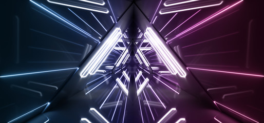 Modern Alien Ship Blue Purple Led Neon Sci-Fi Futuristic Highly Reflective Bright Triangle Shaped Tunnel Empty Corridor With White Tube Lights And Stripes 3D Rendering © IM_VISUALS