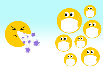 sneezing emoji with virus and community worried with face masks looking on, sprad of flu, virus, coronavirus covid19 concept.