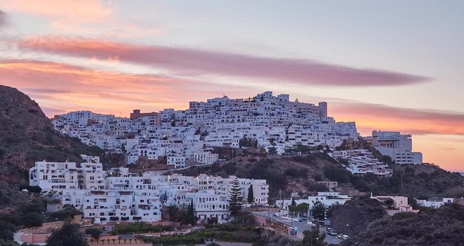 Locked off 4k time elapse at sunset of the hillside town of Mojacar which is a town and municipality in the Spanish province of Almer&iacute;a,Spain