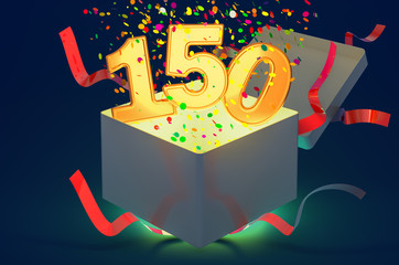 Number 150 inside gift box with confetti and shiny light, 3D rendering