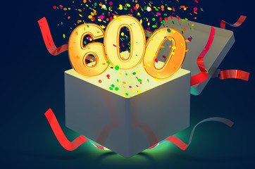 Number 600 inside gift box with confetti and shiny light, 3D rendering