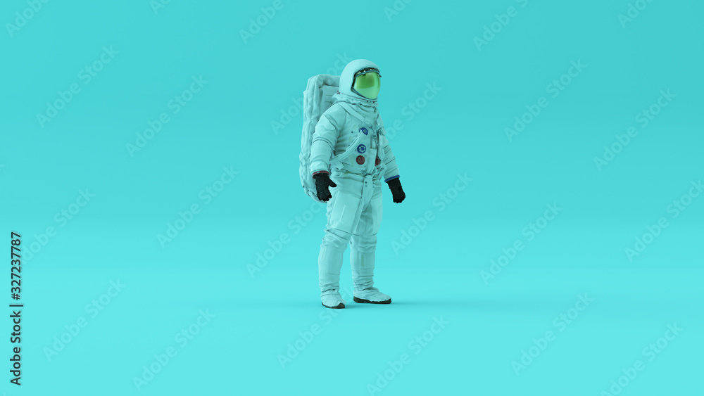 Wall mural astronaut with gold visor and white spacesuit with light blue background with light blue lighting qu