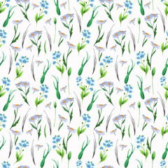 Simple wild flowers seamless pattern . Hand drawn watercolor elements.