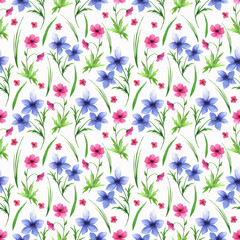 Simple wild flowers seamless pattern . Hand drawn watercolor elements.