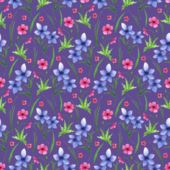 Simple wild flowers seamless pattern . Hand drawn watercolor elements.