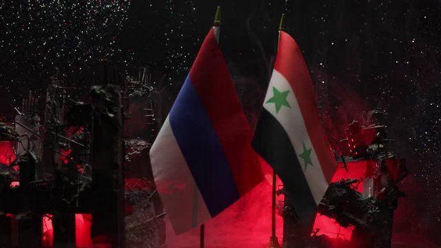 Closeup, flags on dark background. Concept of crisis of war and political conflicts between nations. Selective focus