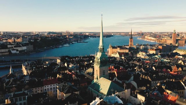 STOCKHOLM, SWEDEN - FEBRUARY, 2020: Aerial view of cathedral in Stockholm old city centre Gamla stan.