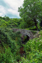 Talamantes town of Aragon, Moncayo area, green vegetation and bridge over river, Spain