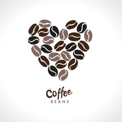 Coffee heart vector logo. Coffee beans different degrees of coffee roasting. Flat vector template for coffee shop.